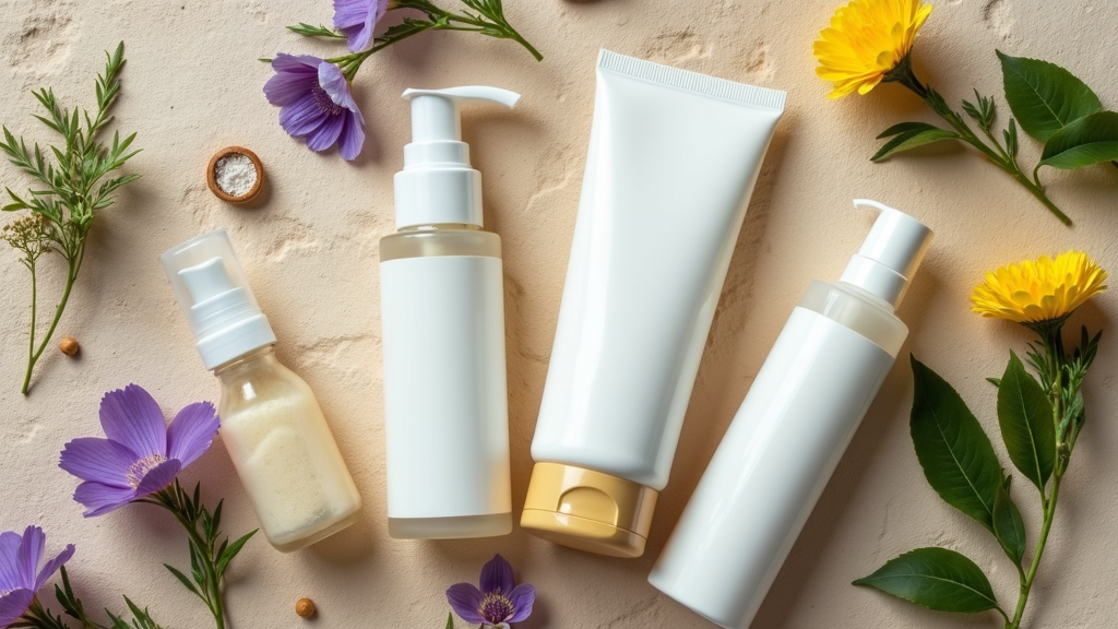 A flat lay of soothing organic skincare products, flowers, and herbal ingredients arranged on a natural stone background.
